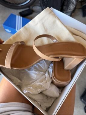 BY FAR Nude Patent Strappy Block Heel Sandals